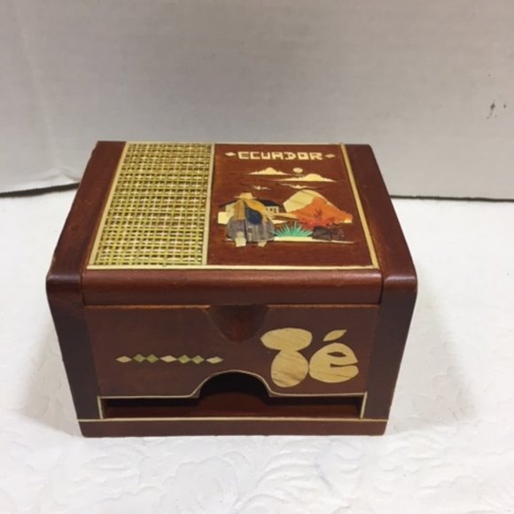 Wooden Box Paper Holder Dispenser Ecuador Country Scene Tabletop 3.75x2.75x2.5" - Picture 4 of 11